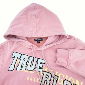 True Religion Vintage Pullover Hoodie Mens Large Pink Embroidered Logo Excellent
